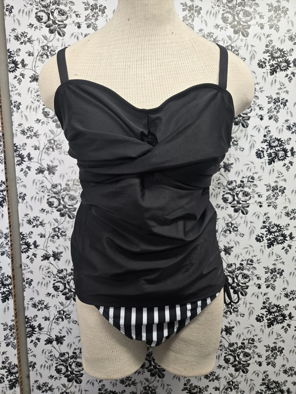 1XL Black Ruched Tankini Top Striped Bottom Swim